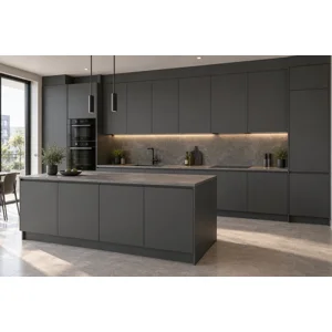 Mobilier de bucatarie modern gri antracit mat cu insula  model Primamob B02