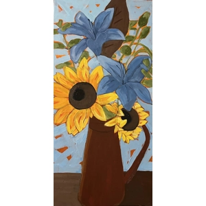 Sunflowers and Blue Floral Painting Lillies on 10x20 Canvas