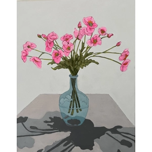 Pink Poppies painting in blue glass vase on 16x20 Canvas