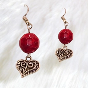 Red Silver Love heart Pendant Earrings