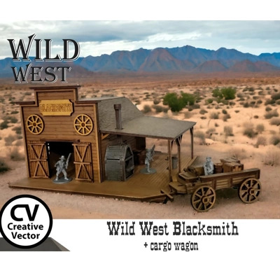 Wild West MDF Blacksmiths + Wagon Cart in scale 28mm (1:56) Wild West MDF Blacksmiths + Wagon Cart in scale 28mm (1:56)