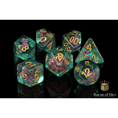 Teal with Purple Flowers RPG Dice Set - 7 Pieces - Baron of Dice