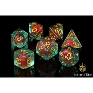 Teal with Red Flowers RPG Dice Set - 7 Pieces - Baron of Dice