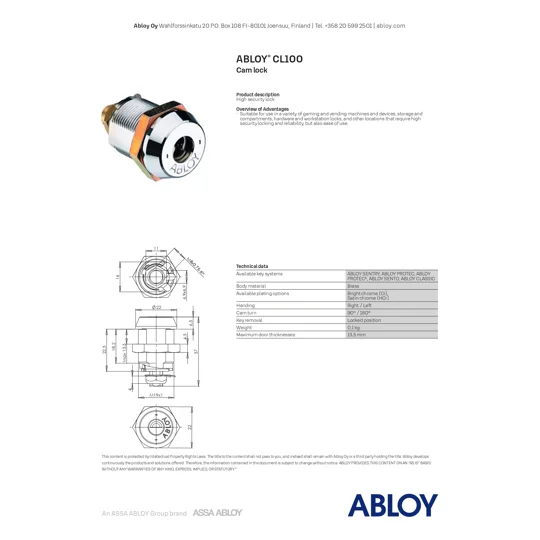 Abloy CL100T Protec2 Cam Lock /Postbox Lock