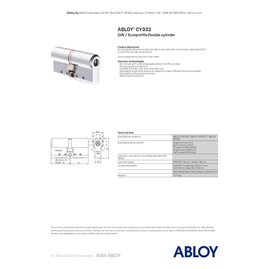 ABLOY CY332T PROTEC 2 High Security Cylinder Lock
