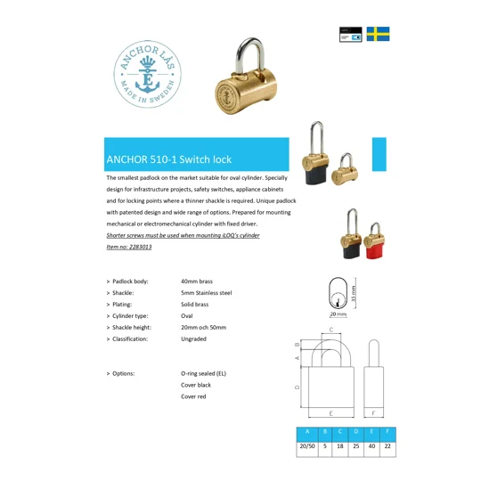 2 Keyed Alike ANCHOR LÅS 510-1 S50 Switch locks With Abus Cylinders