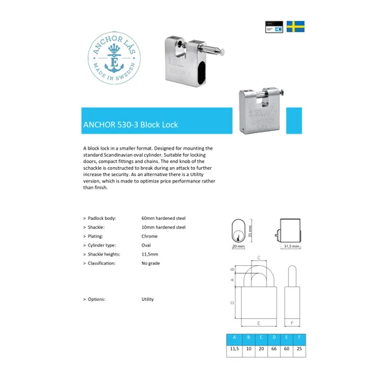 ANCHOR LÅS 530-3 Block Lock High Security Padlock