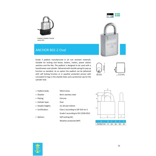 2 Keyed Alike Padlocks ANCHOR LÅS 802-2 S25 Oval Waterproof With 3 Keys