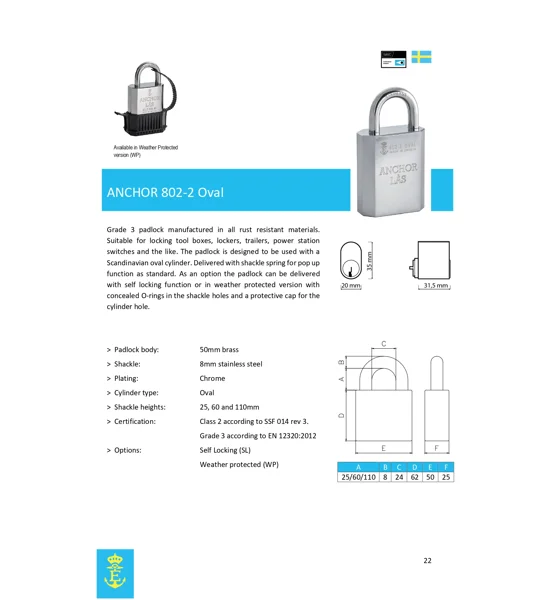 ANCHOR LÅS 802-2 S60 Oval Padlock WP With 3 Keys + Extra WP Protection