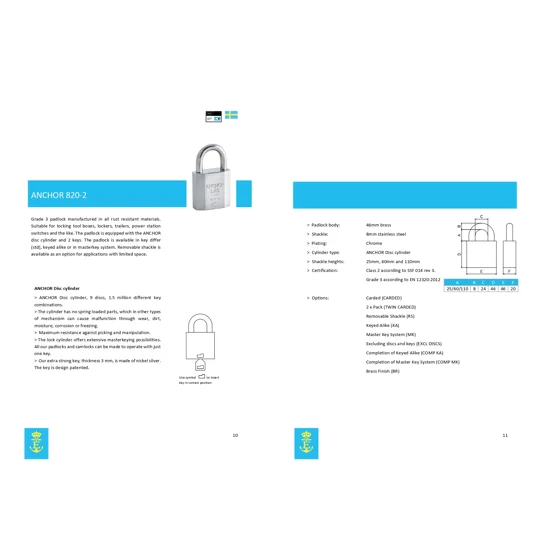 ANCHOR LÅS 820-2 S60/Sweden/ High Security Padlock With 2 keys