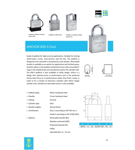 ANCHOR LÅS 830-3 S60 Oval WP Padlock + Extra WP Protection