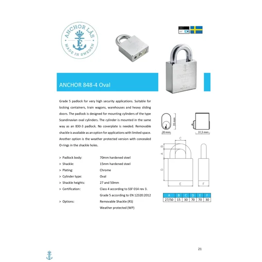 ANCHOR LÅS 848-4 S50 Oval WP High Security Padlock With DORMA Cylinder
