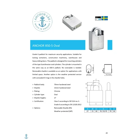 ANCHOR LÅS 850-5 Oval WP PS High Security Padlock