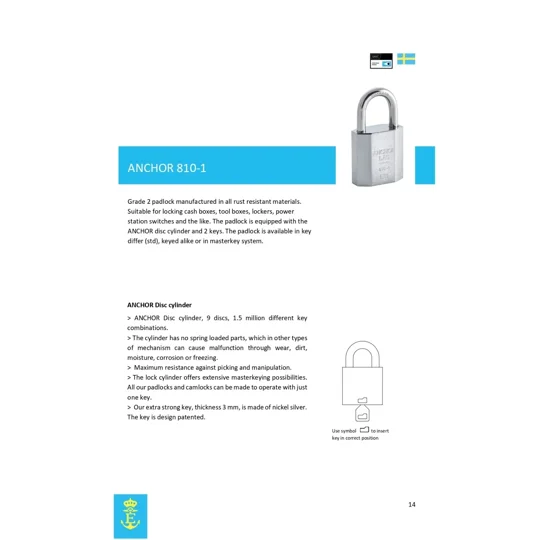 ANCHOR LÅS 810-1 S20 /810 -1 S80 /Sweden/High Security Padlocks With 2 keys