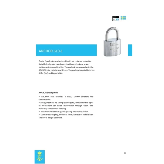 ANCHOR LÅS 610-1S 20 /Sweden/ Small Padlock With 2 keys