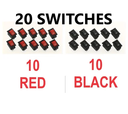 ~20 MINI 12V 10 BLACK & 10 RED Mini On/Off Rocker SPST 2 Pin Car Dash Boat 10 Red & 10 Black