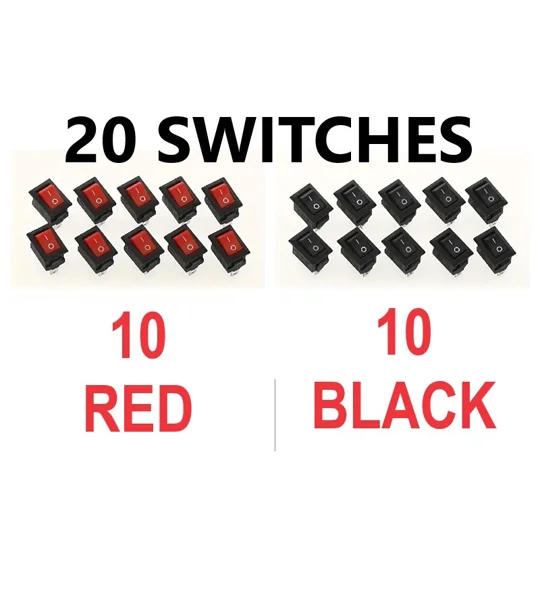 ~20 MINI 12V 10 BLACK & 10 RED Mini On/Off Rocker SPST 2 Pin Car Dash Boat 10 Red & 10 Black