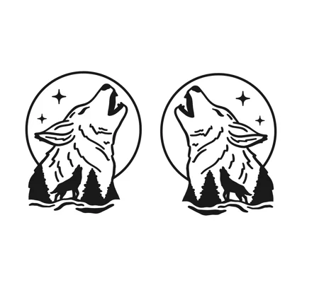 Pair Of Wolves Howling with White Moon, Left & Right, 2 sizes