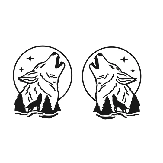 Pair Of Wolves Howling with White Moon, Left & Right, 2 sizes