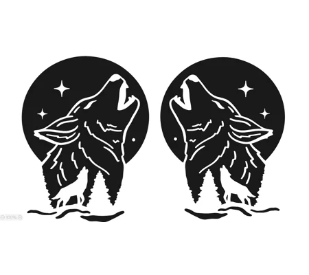 Pair Of Wolves Howling with Black Moon & Stars, Left & Right, 2 sizes