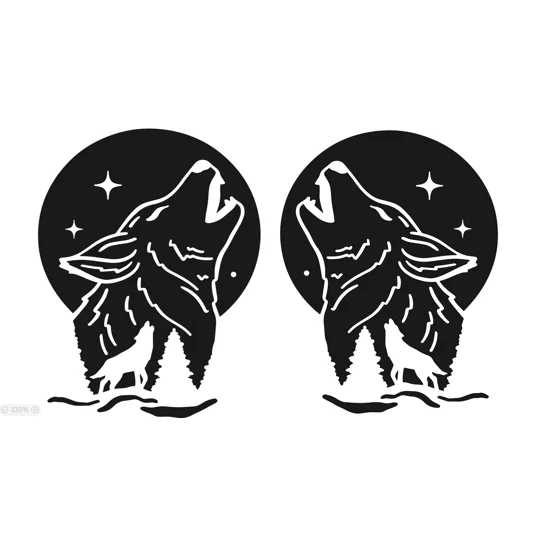 Pair Of Wolves Howling with Black Moon & Stars, Left & Right, 2 sizes