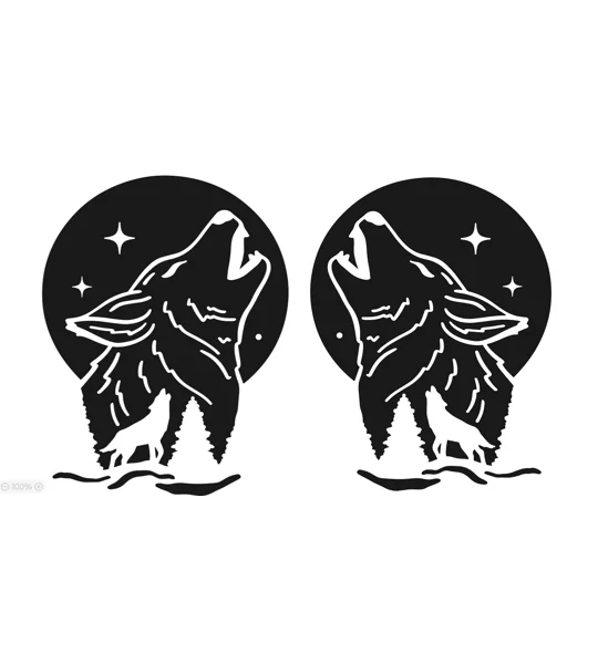 Pair Of Wolves Howling with Black Moon & Stars, Left & Right, 2 sizes