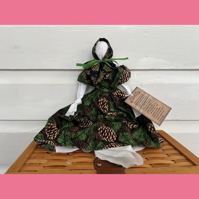 Hammond Trail rag doll Gold snowflakes with pinecone design