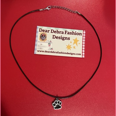 Paw print Charm With Leather black Necklace with Lobster Clasp