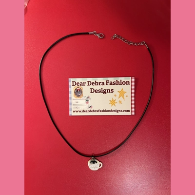 Cat in coffee cup Charm With Leather black Necklace with Lobster Clasp