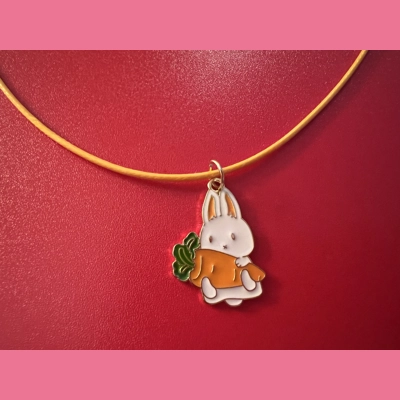 Bunny Rabbit holding a carrot Charm With Leather white Necklace with Lobster Clasp