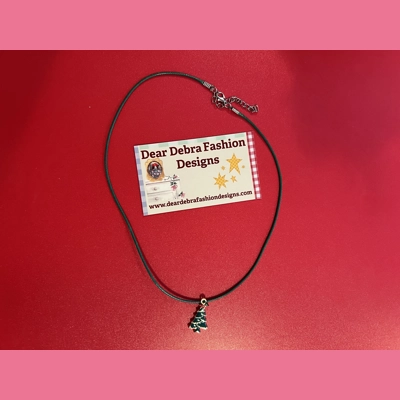 Christmas tree with red star With Leather green Necklace with Lobster Clasp