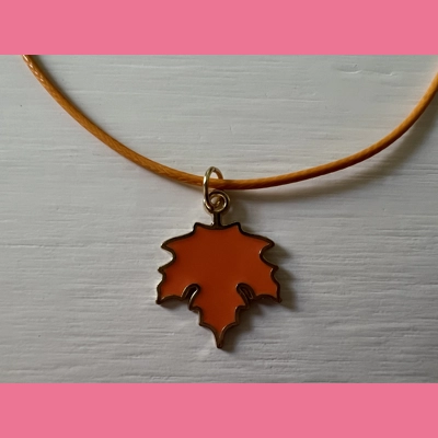 Orange Leaf Charm With Leather Orange  Necklace with Lobster Clasp