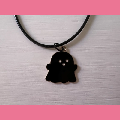 Ghost Charm With Leather black Necklace with Lobster Clasp