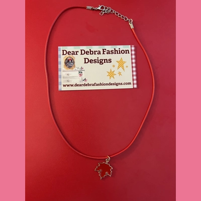 Red Leaf Charm With Leather Orange  Necklace with Lobster Clasp