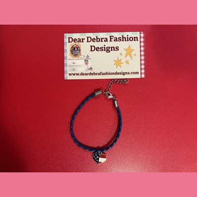 USA Flag heart Charm With Leather blue bracelet with Lobster Clasp