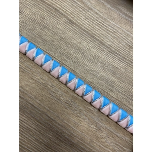 Sky blue and pale pink browband with silver underlay. Pony size. .Black leather.