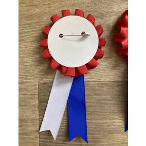 Set of 3 red/white/blue single tier rosettes. Safety pin backs. Blank centres.