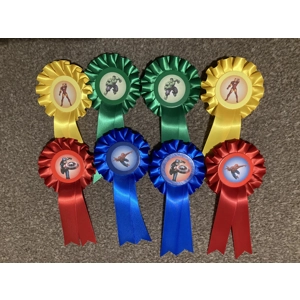 8 x superhero rosettes with safety pin backs. Spiderman, Captain America, Iron man, Hulk.