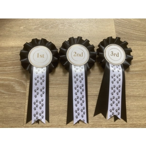 1st - 3rd paw print 1 tier rosettes. Black and white with safety pin backs