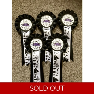5 x 1 Tier Halloween Rosettes. Black, White, Purple. 50mm centres. Safety Pin backs. BN