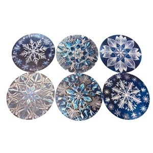 Wooden Coaster Set of 6 snowflake/winter themed coasters 3.75”. BNIB.