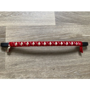 Red Velvet/satin & gold lame Ribbon Browband. 13” black leather. BN