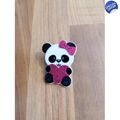 Panda Cute With Pink Glitter Heart Single Pin Badge