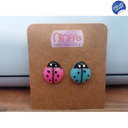 Ladybird Pink & Blue Stud Earrings Set