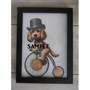 Picture of Golden Cockapoo Dog Riding A Penny Farthing Bike With Old Coins
