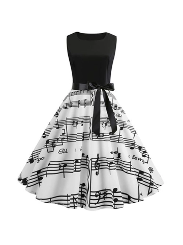 Fashion New fashion summer new retro Hepburn style sleeveless waist print big dress-Black