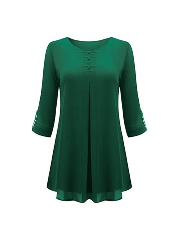 Generic Fashionable Women Long Sleeve Solid Color Shirt Tops O Neck Chiffon Blouse-green
