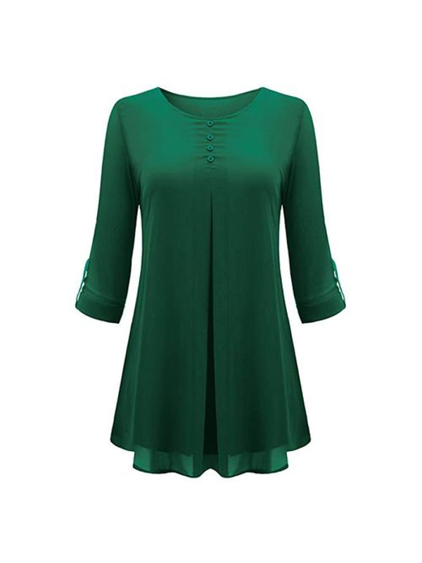 Generic Fashionable Women Long Sleeve Solid Color Shirt Tops O Neck Chiffon Blouse-green
