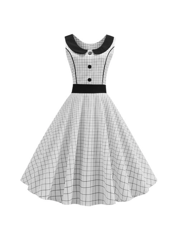 Fashion Printed Retro Doll Collar Big Swing Dress (Grey)