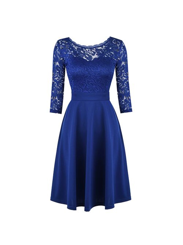 Mixfeer Women Ol Dress Lace 3/4 Sleeve High Waist A-Line Dress